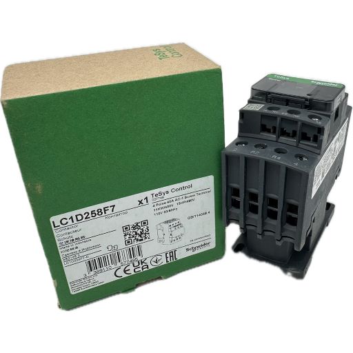 LC1D258F7 contactor, side view next to box with manufacturers label in English