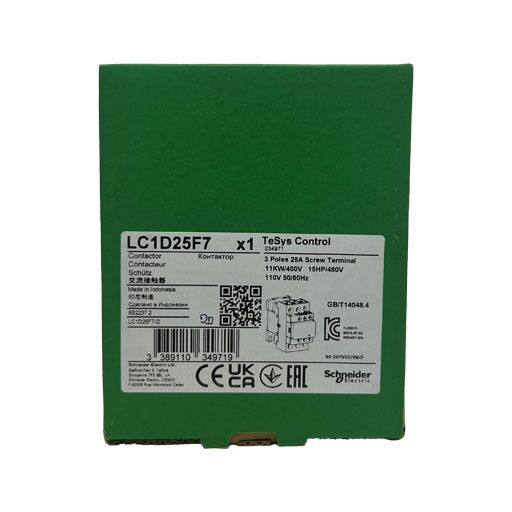 LC1D25F7 contactor box with manufacturers label specifications in English