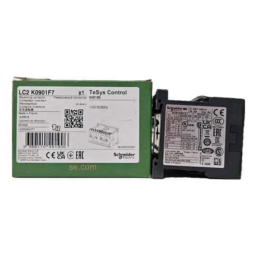 LC2K0901F7 Front view of manufacturer box with part specifications in english next to side view of contactor.