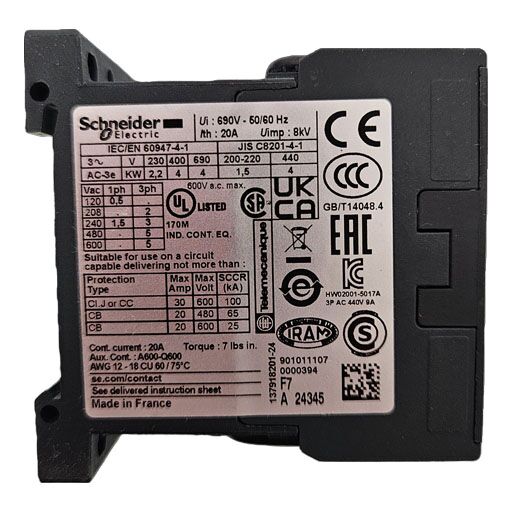 LC2K0901F7 side view of contactor with manufacturer part specification in English