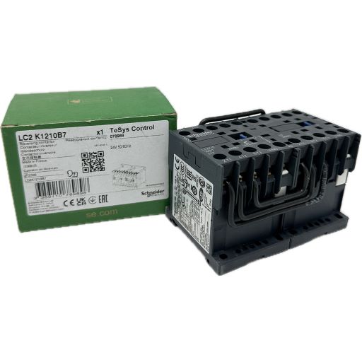 LC2K1210B7 reversing contactor, next to box with manufacturers label specifications in English