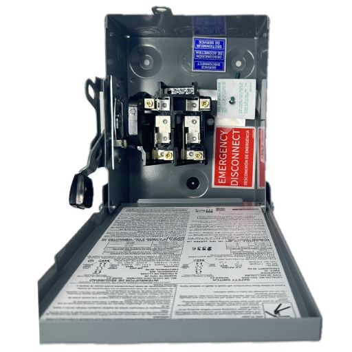 Inside of disconnect switch with manufacturer label and part specifications in English.