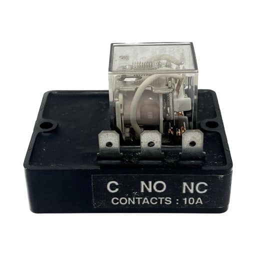 Left side of the relay, contact configuration and amperage label in English.