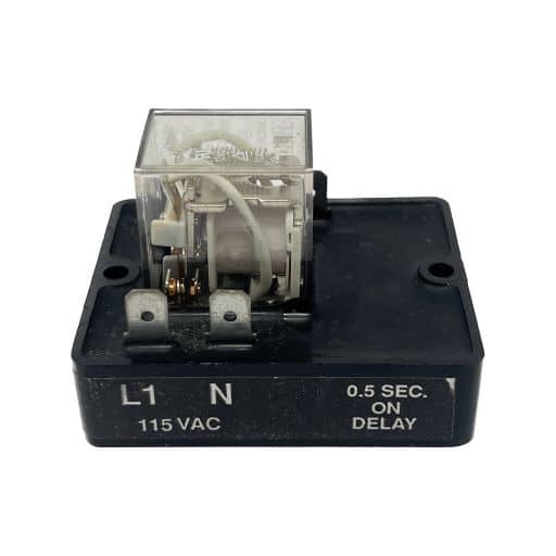 Right side of the relay, time delay and voltage rating label in English.
