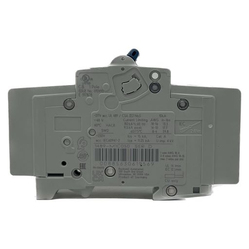 Side view of the circuit breaker, specifications label in English.