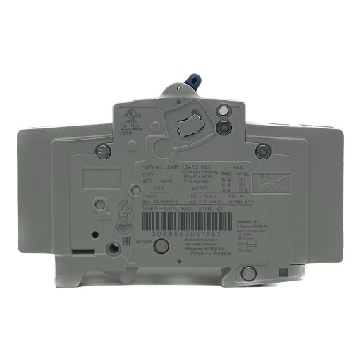 Side view of the circuit breaker, specifications label in English.