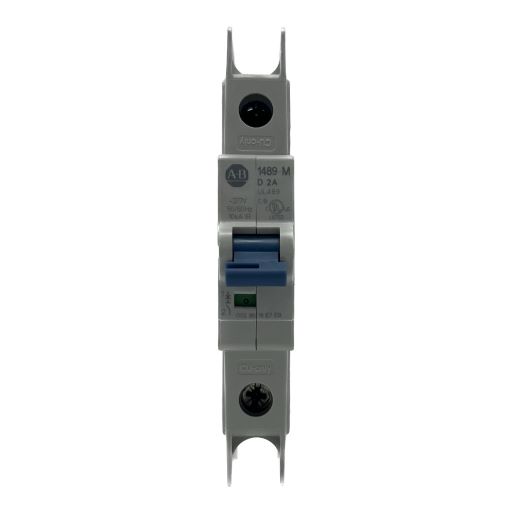 1489-M1D020 White, plastic, miniature circuit breaker, part number and information label in English.