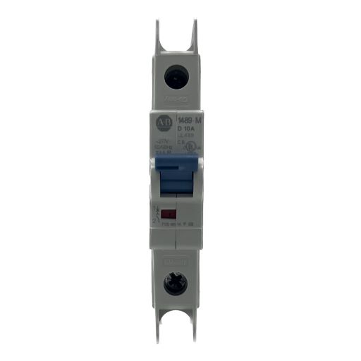 1489-M1D100 White, plastic, miniature circuit breaker, part number and information label in English.