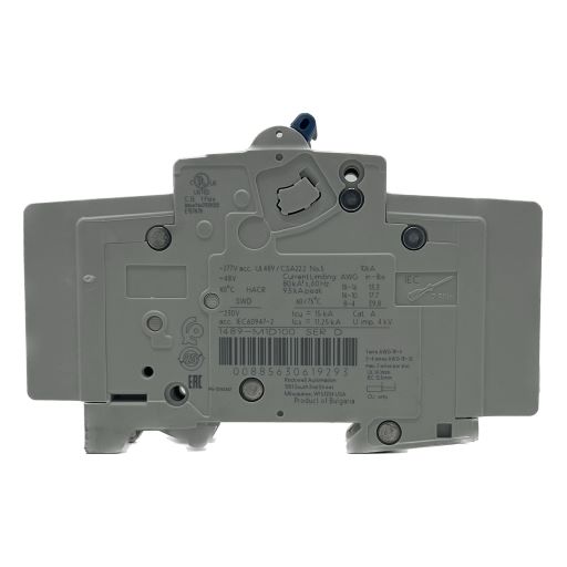 Side view of the circuit breaker, specifications label in English.