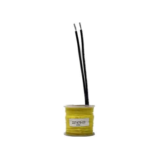 Yellow tape wrapped around wire coil, clear plastic caps on top and bottom, two black wire leads, label on front with part number 227479-03.