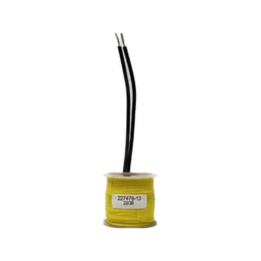 Yellow tape wrapped around wire coil, clear plastic caps on top and bottom, two black wire leads, label on front with part number 227479-13.
