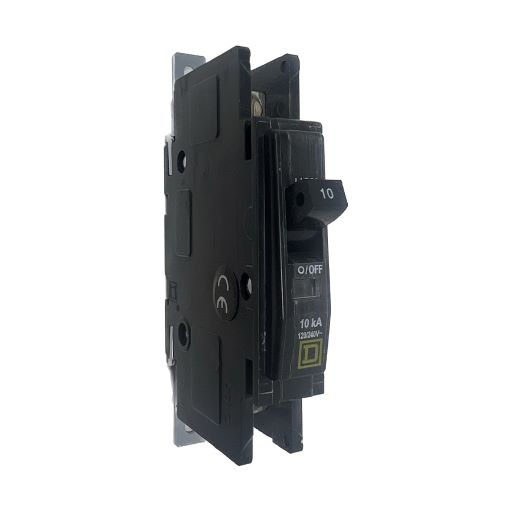 Top view of black QOU110 circuit breaker, white label indicating "on" and amperage in English.