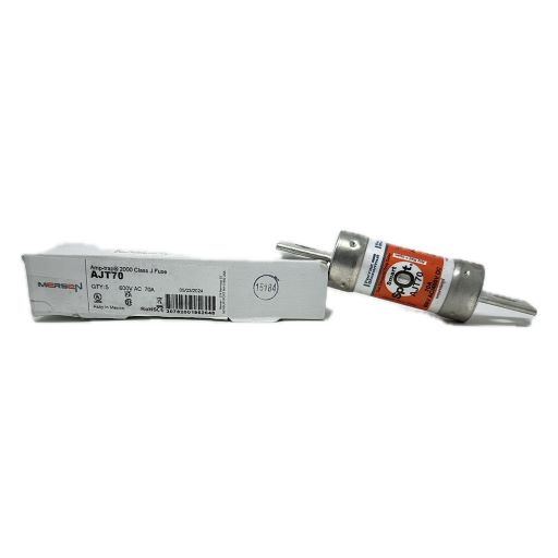 AJT70 amp fuse, front view with manufacturers label in English next to box