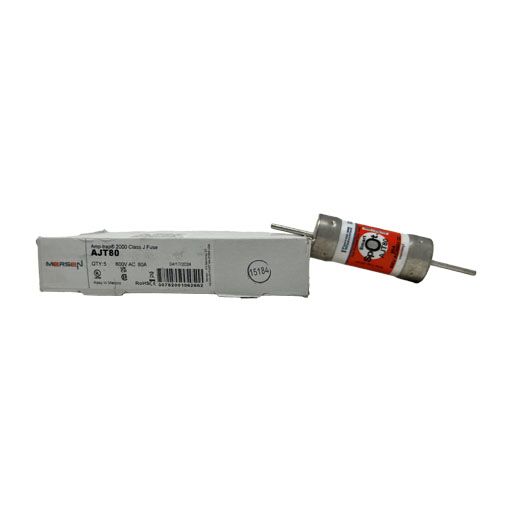 Front view of AJT80 fuse next to original manufacturer packaging