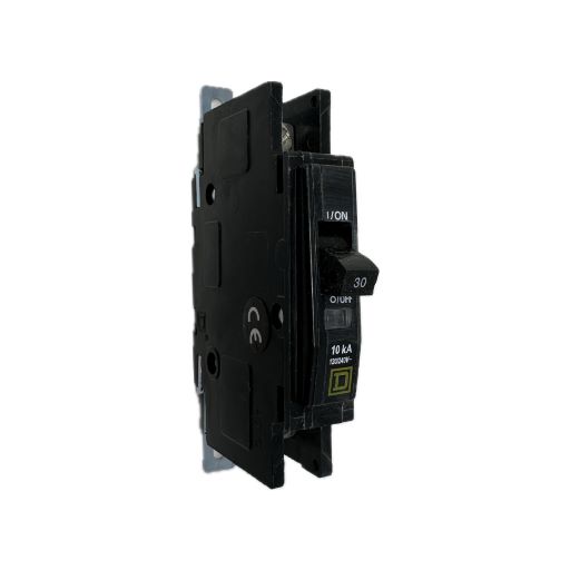 black QOU130 circuit breaker, white label indicating "on" and amperage in English.