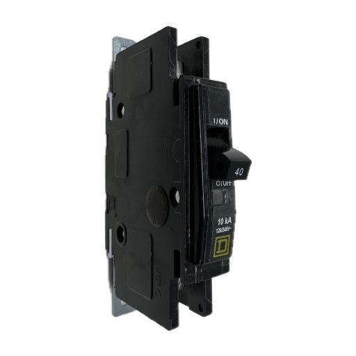 black QOU140 circuit breaker, white label indicating "on" and amperage in English.
