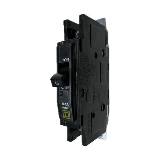 black QOU140 circuit breaker, white label indicating "on" and amperage in English.