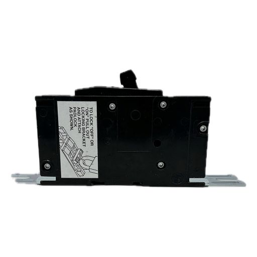 Circuit breaker QOU2100, black, Side view of breaker, white label indicating "lock out tagout" method in English.