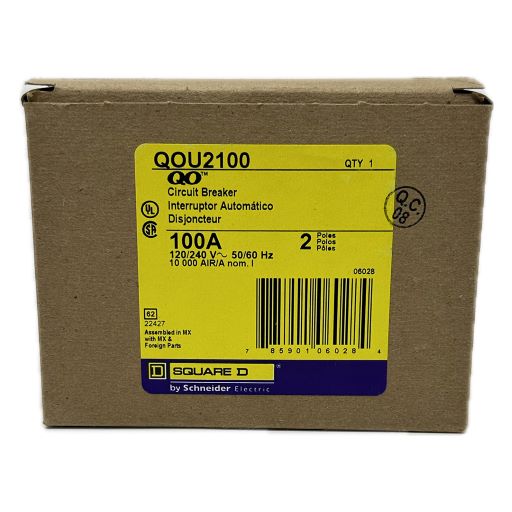 Circuit breaker QOU2100, Front face of the manufacturer box, with the part number and description label in English.