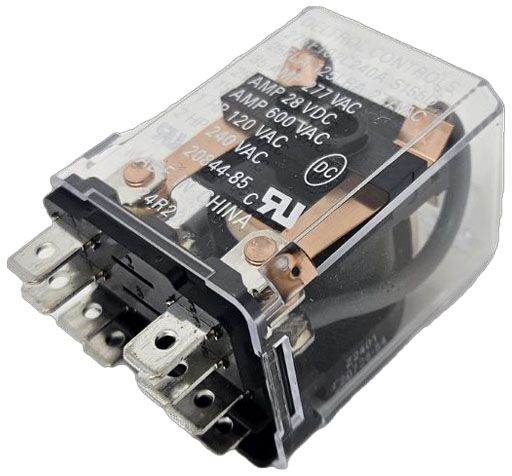tilted side view of part number 20-29641, clear plastic with 8 flat blade terminals on bottom