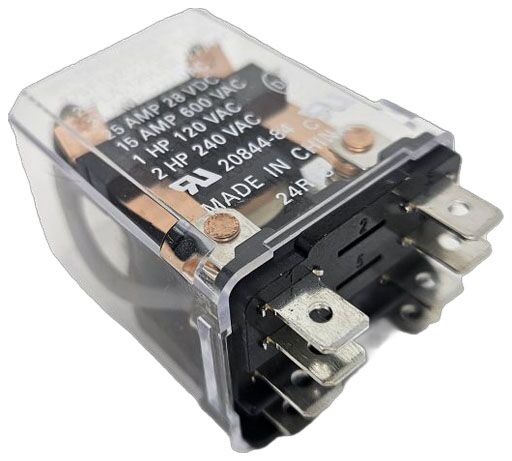 part number 20-29642, tilted side view, clear plastic case with 8 flat blade terminals on bottom