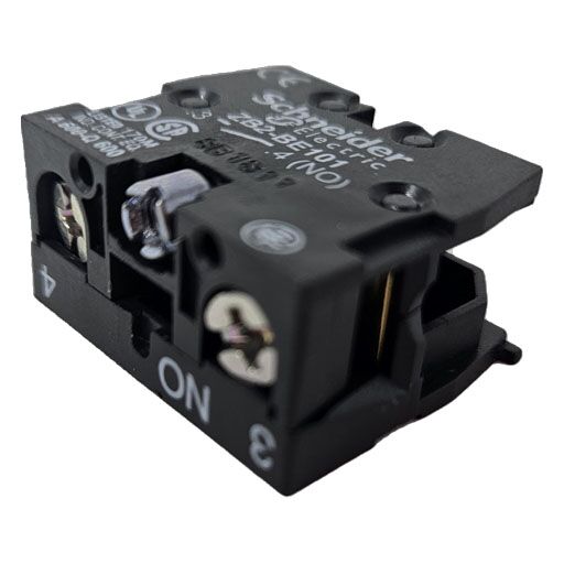 Side view of contact block ZB2BE101 showing connection screws and white print from manufacturer