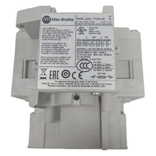 back view of part 194R-J30-1753 with amperage, part specifications, and manufacturer logo in English.