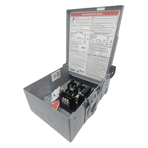 Inside of part number D221NRB disconnect switch with manufacturer label and part specifications in English.