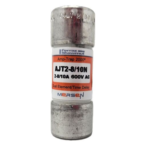 Front view of fuse AJT 2-8/10 showing manufacturer information in English