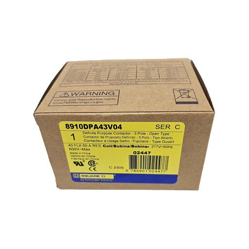 carton for contactor 8910DPA43V04 showing yellow label with manufacturers information in English
