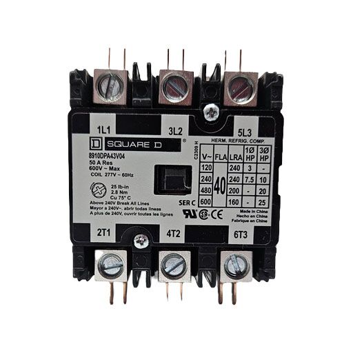 front view of contactor 8910DPA43V04 showing connectors and white label with manufacturers information in English