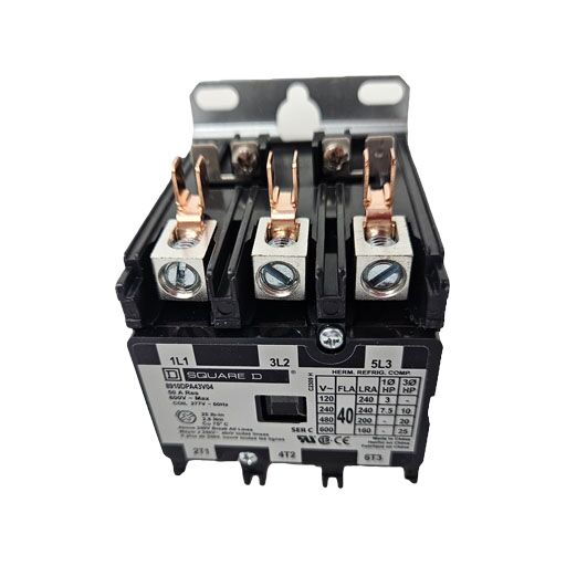 top view of contactor 8910DPA43V04 showing connectors and white label with manufacturers information in English
