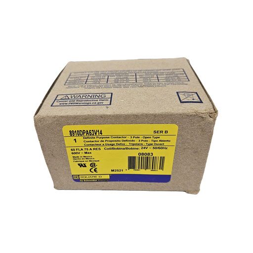carton for contactor 8910DPA63V14 showing yellow label with manufacturers information in English