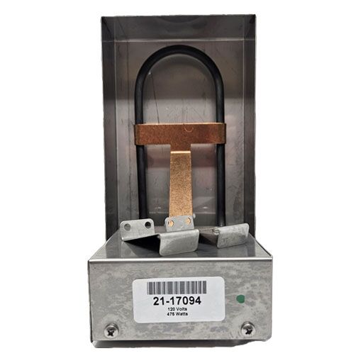 21-17094 Evaporator Drain Pan Assembly, front view showing manufacturers label showing item number mounting brackets and heating element