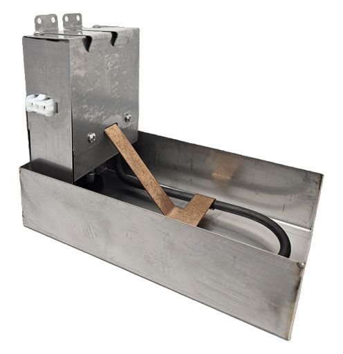 21-17094 Evaporator Drain Pan Assembly, side view showing mounting brackets heating element and electrical connection plug