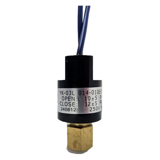 5-0239 Structural Concepts Low Pressure Switch showing blue wires and manufacturers label with PSI levels listed