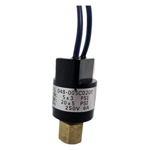 20-51808 Structural Concepts Low Pressure Switch showing blue wires and manufacturers label with PSI levels listed
