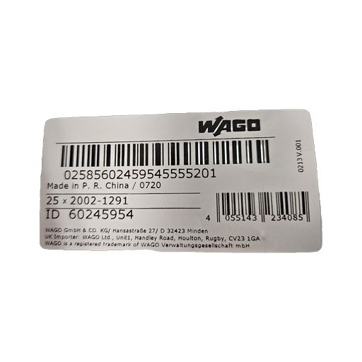 Wago part #2002-1291 label with bar code and item number in English
