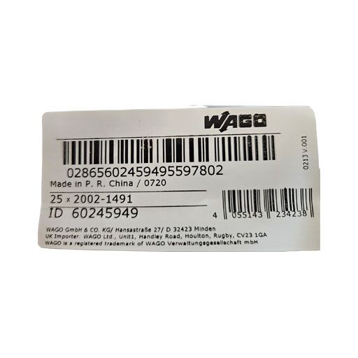 Wago part 2002-1491 label with bar code and item number in English