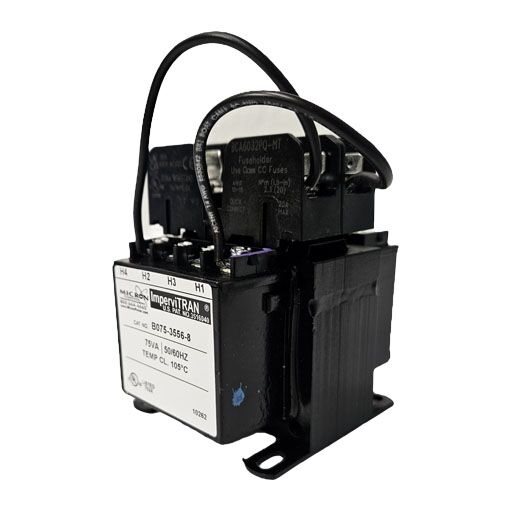 Micron Transformer B075-3556-8 side view showing mounting brackets terminal connections and manufacturers label in English