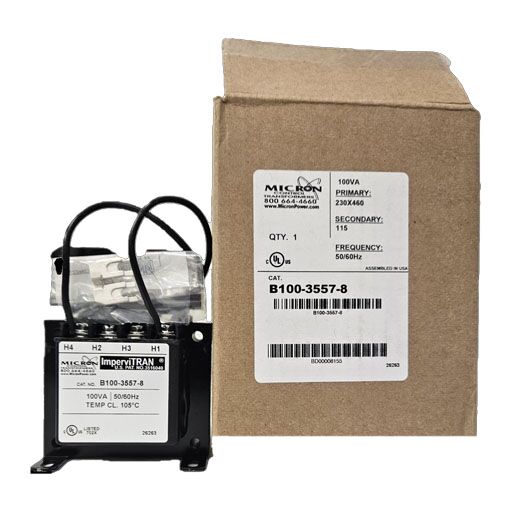 Micron Transformer B100-3557-8 front view with carton showing manufacturers label in English