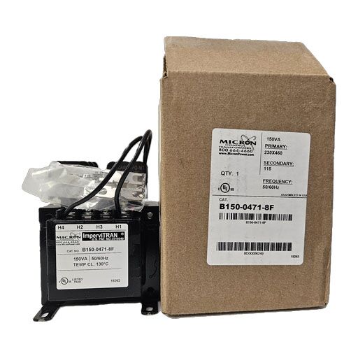 Micron Transformer B150-0471-8F front view with carton showing manufacturers label in English