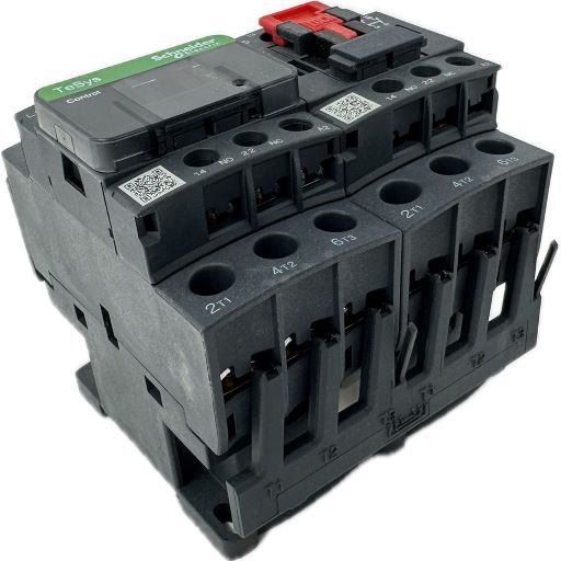 Side view of reversing contactor, with manufacturer logo and part specifications in English.