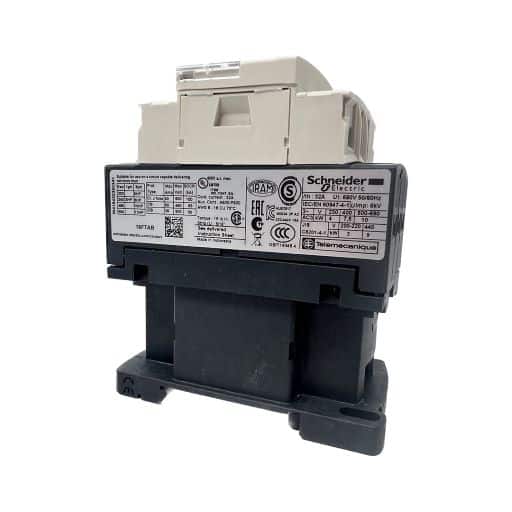 Side view of contactor with manufacturer label and part specifications in English