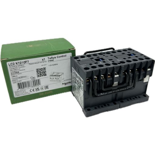 LC21210F7 reversing contactor, next to box, with manufacturers label specifications written in English