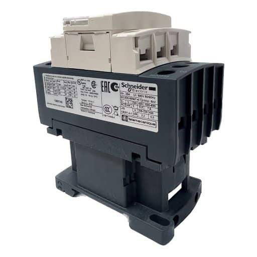 side angle view of contactor with manufacturer label and parts specifications in English
