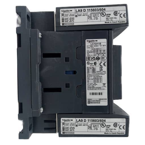 Bottom of contactor with manufacturer label and product specifications in English