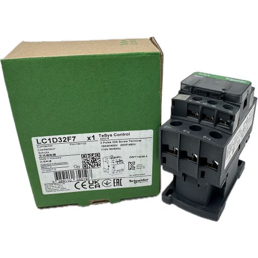 LC1D32F7 contactor next to box, with manufacturers label specifications in English