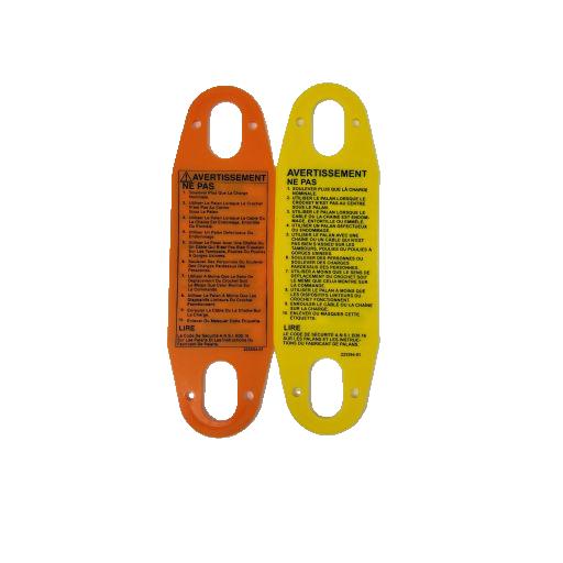 2 warning tags, 1 orange plastic and 1 yellow, both in French