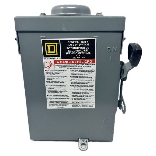 Metal box with Square D Logo and patr specifications in English.